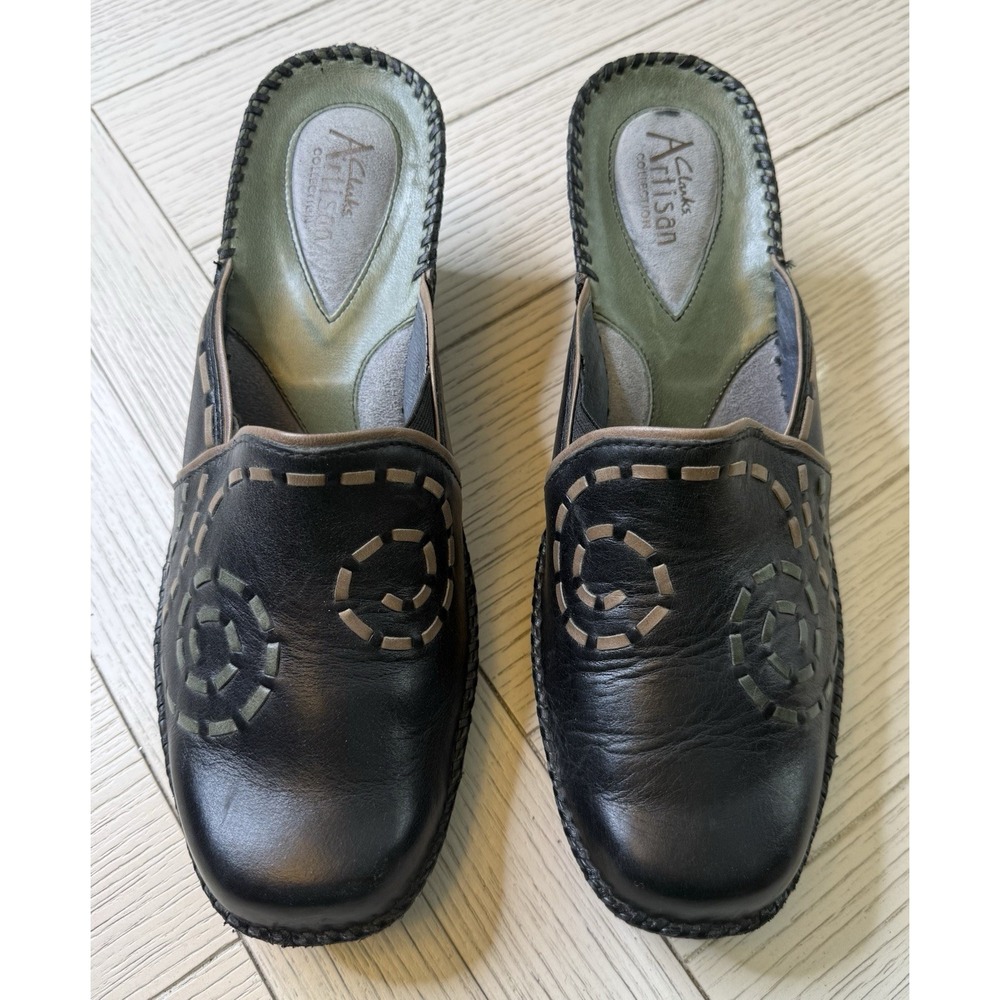 CLARKS Artisan Collection Black Stitched Embroidered Leather Mules Shoe Women 10